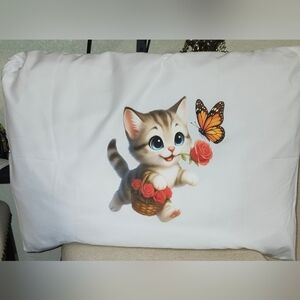 Hand Crafted Pillow with Playful Kitten and Butterfly